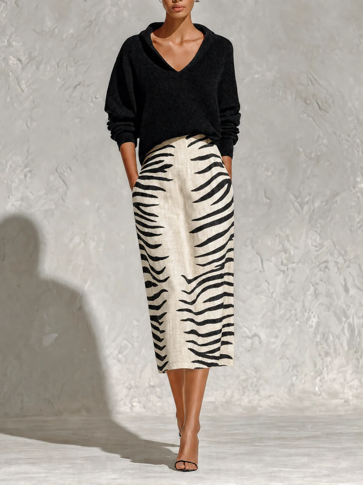 LORENA | BLACK KNIT TOP &amp; ZEBRA MIDI SKIRT SET