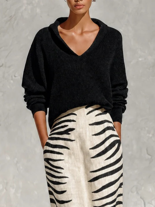 LORENA | BLACK KNIT TOP &amp; ZEBRA MIDI SKIRT SET