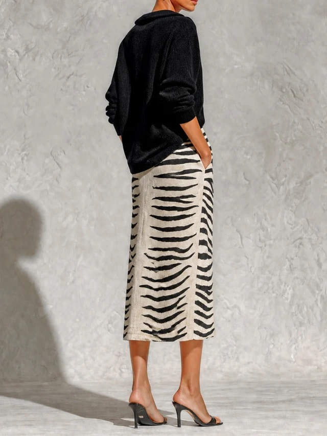 LORENA | BLACK KNIT TOP &amp; ZEBRA MIDI SKIRT SET