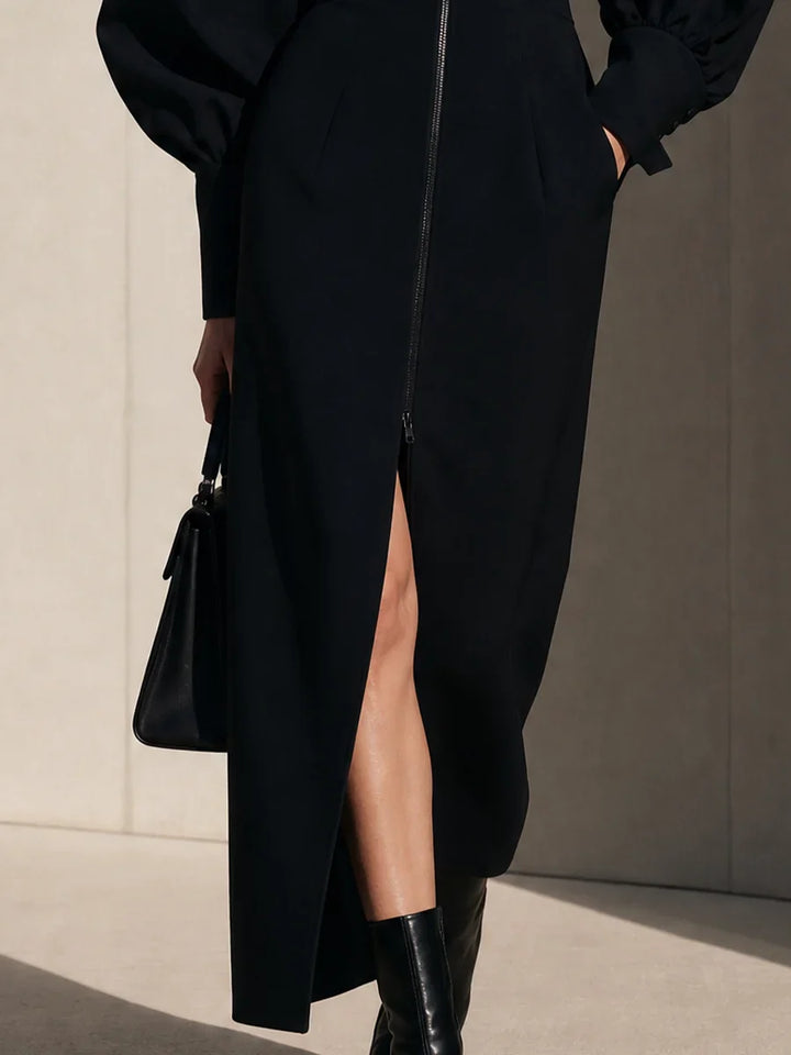 LORI | BLACK FRONT-ZIP PUFF-SLEEVE MAXI DRESS