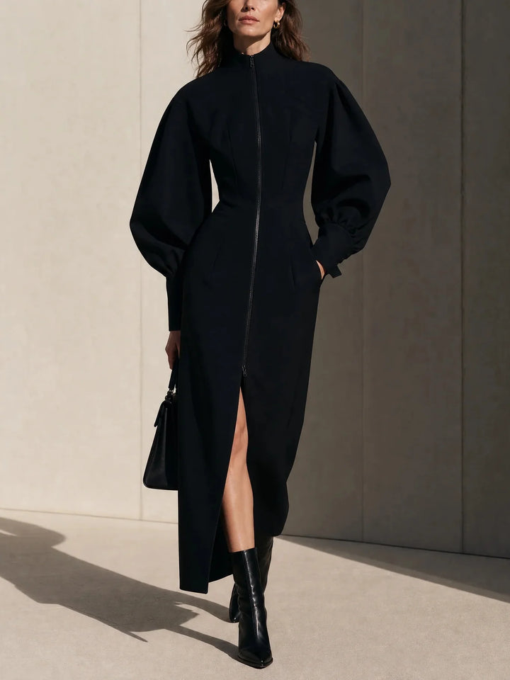 LORI | BLACK FRONT-ZIP PUFF-SLEEVE MAXI DRESS
