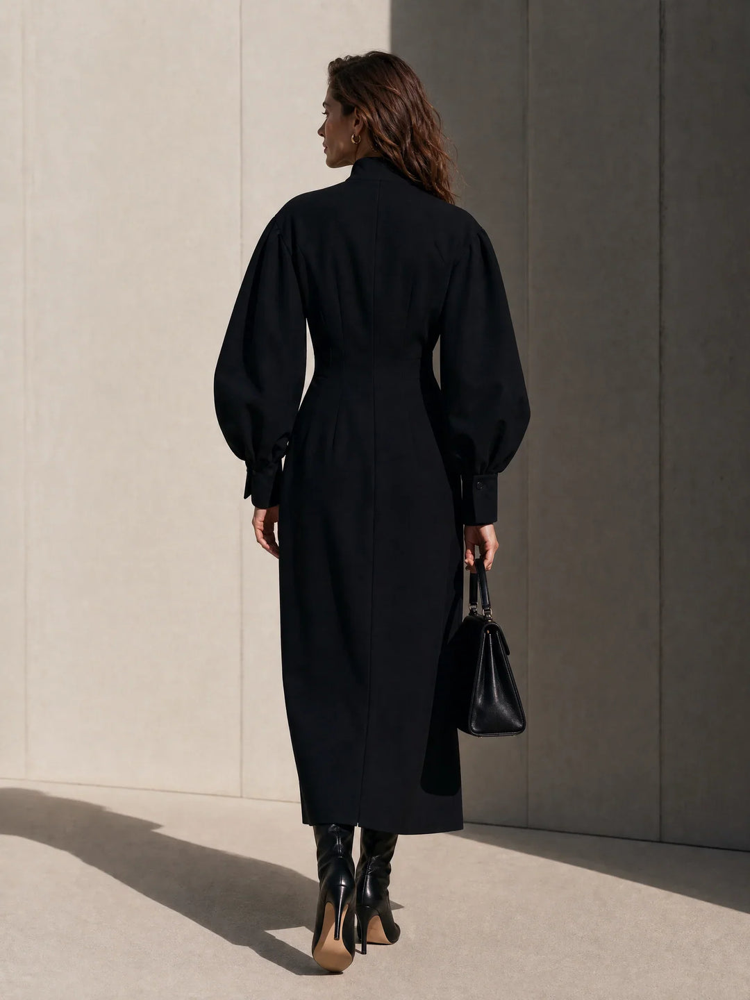 LORI | BLACK FRONT-ZIP PUFF-SLEEVE MAXI DRESS