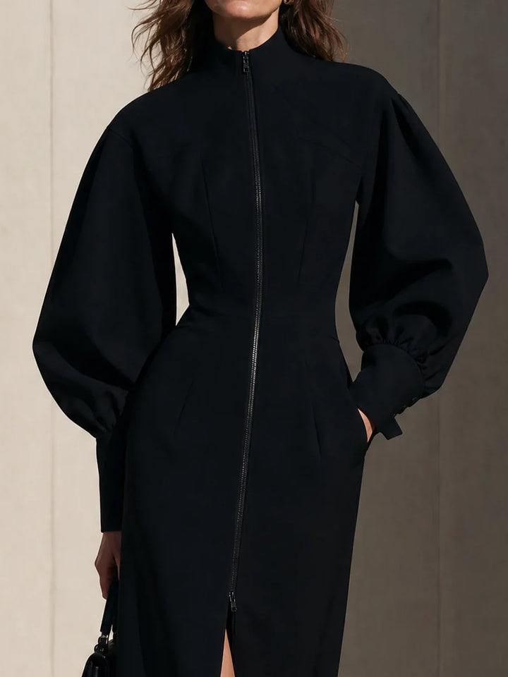 LORI | BLACK FRONT-ZIP PUFF-SLEEVE MAXI DRESS