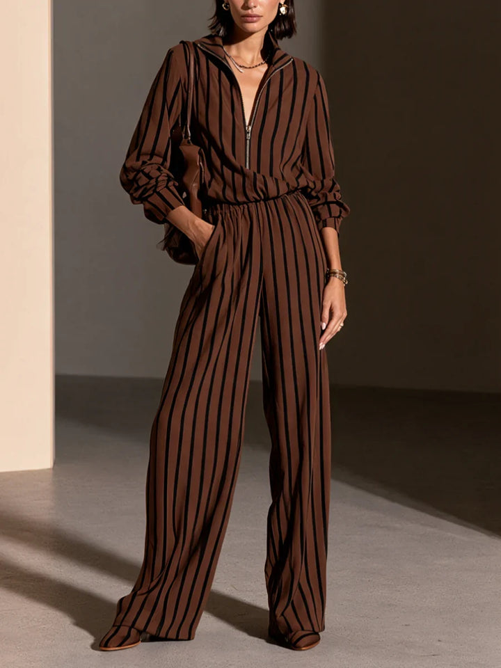 VALERIA | STRIPED HALF-ZIP WIDE-LEG PANTS SET