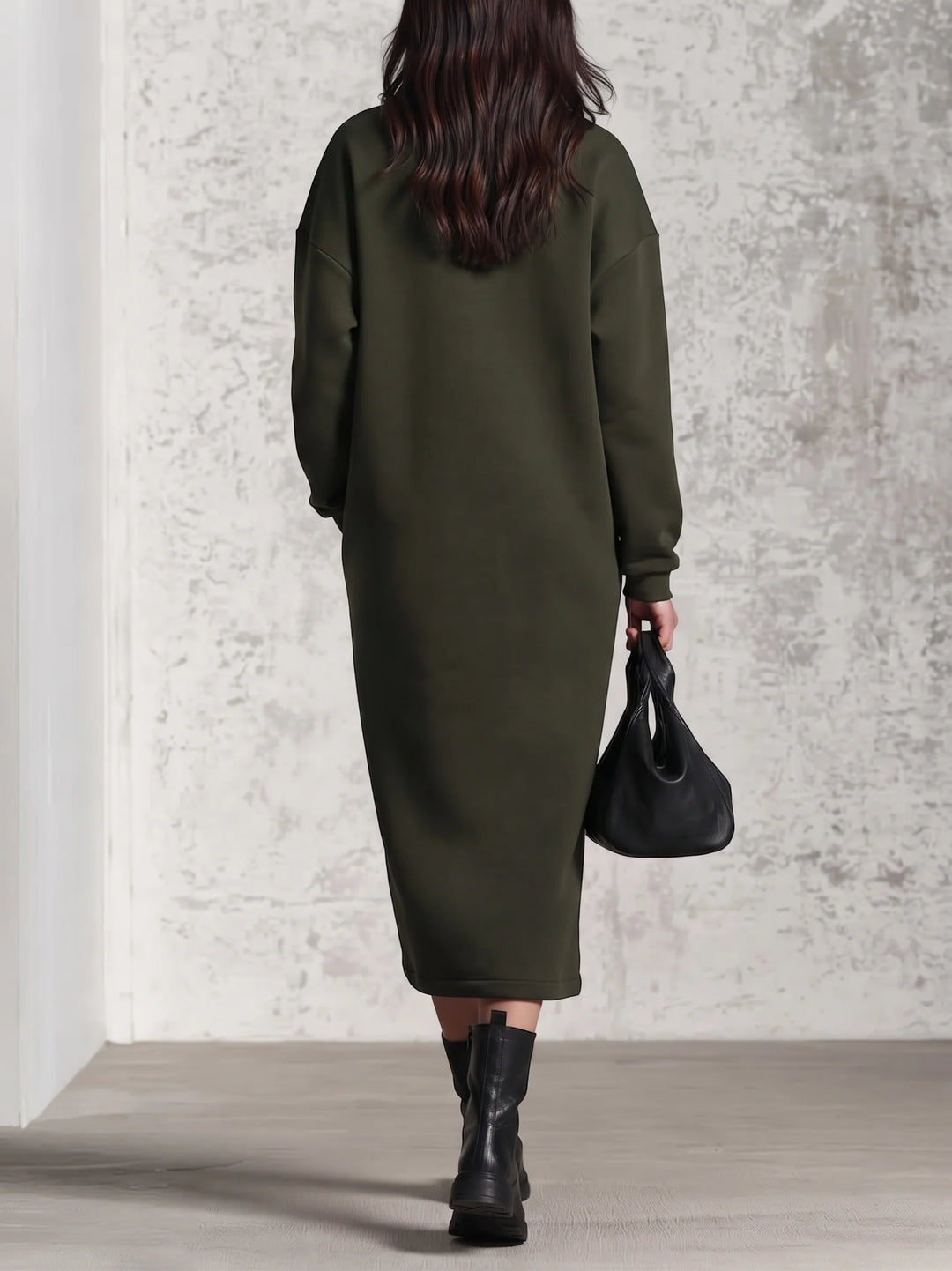 ARMY | ASYMMETRICAL HALF-ZIP FLEECE MIDI DRESS