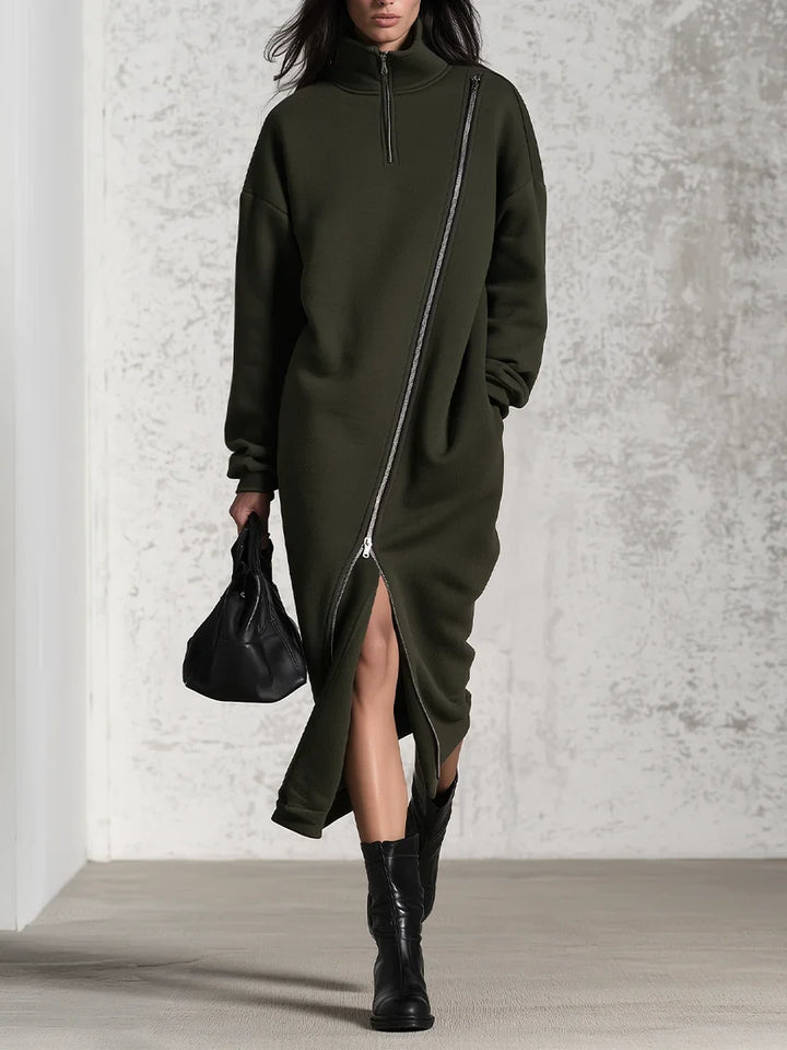 ARMY | ASYMMETRICAL HALF-ZIP FLEECE MIDI DRESS