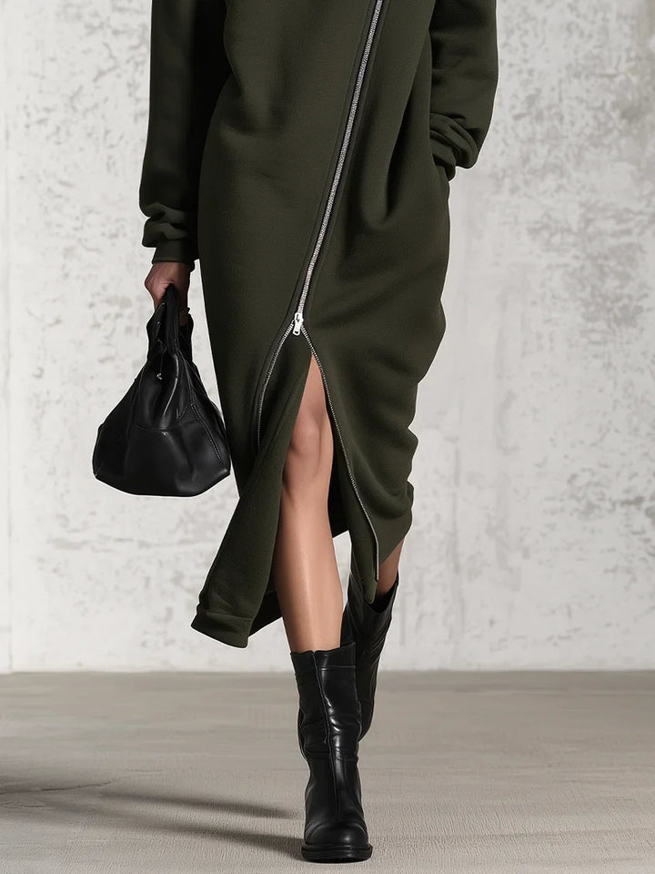 ARMY | ASYMMETRICAL HALF-ZIP FLEECE MIDI DRESS