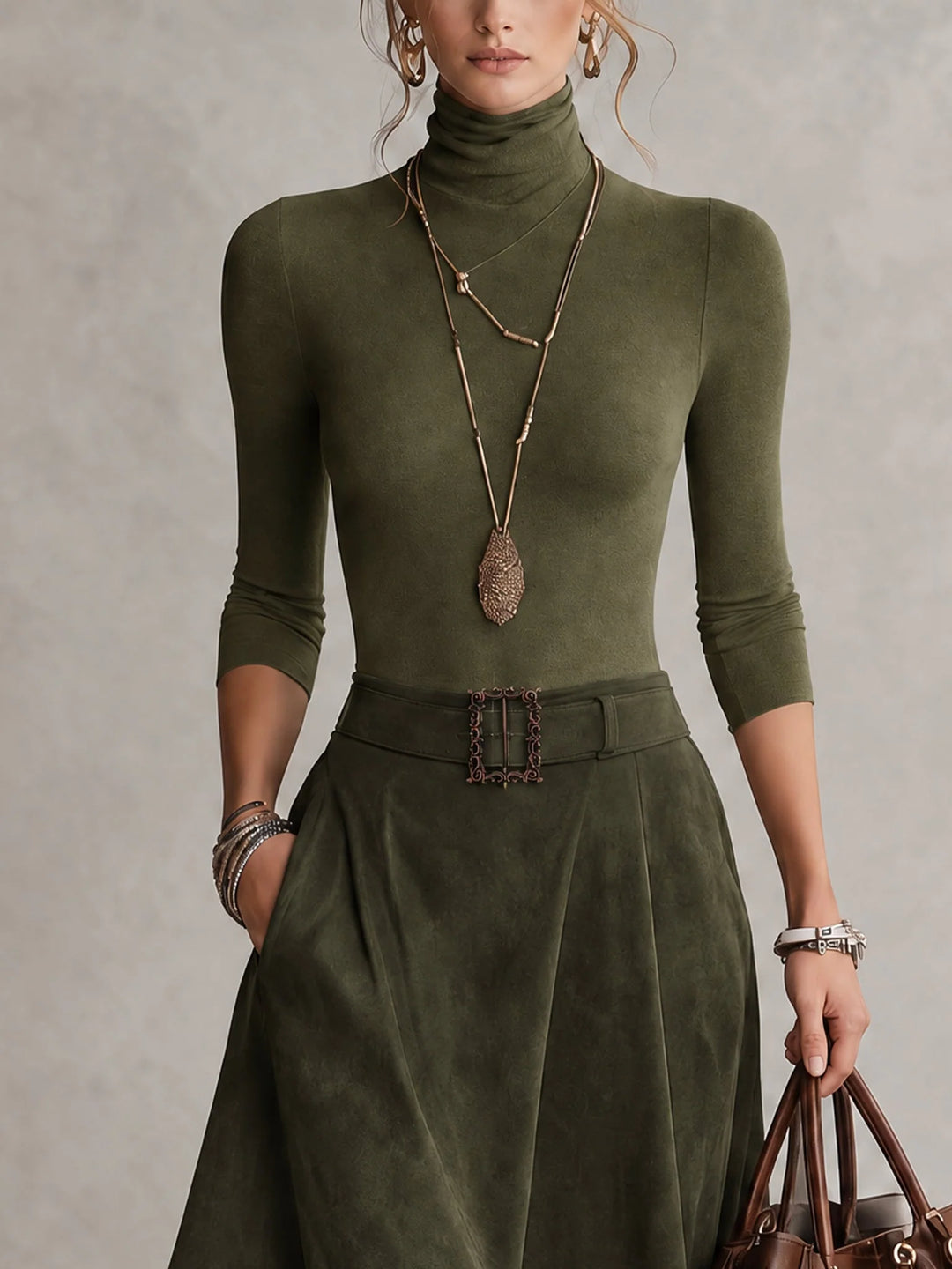 MARCELLA | OLIVE TURTLENECK &amp; ASYMMETRICAL SUEDE SKIRT SET