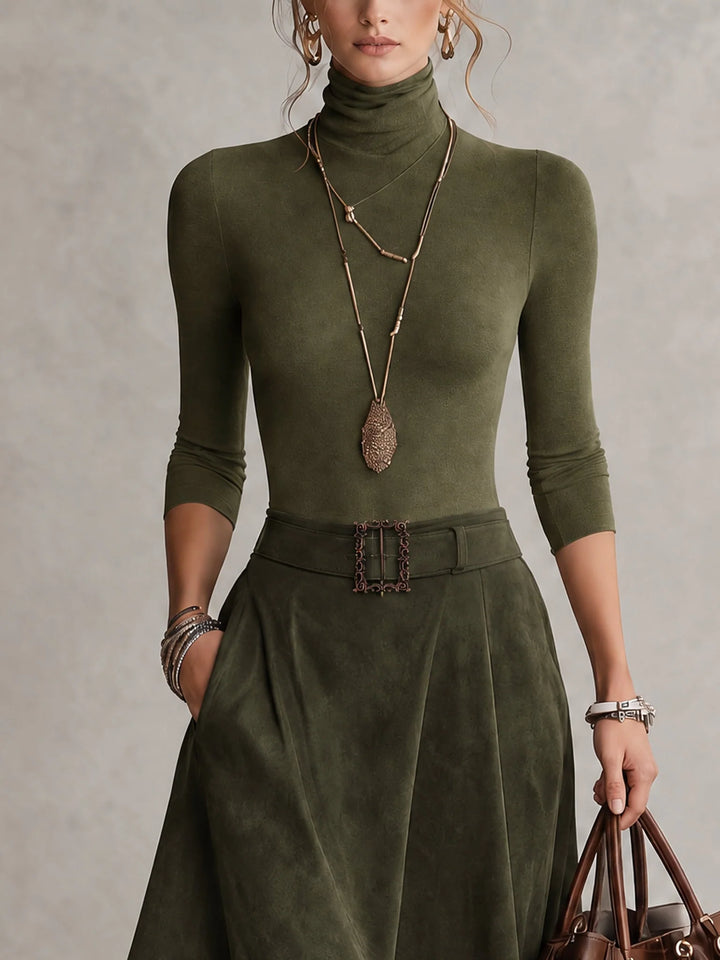 MARCELLA | OLIVE TURTLENECK &amp; ASYMMETRICAL SUEDE SKIRT SET