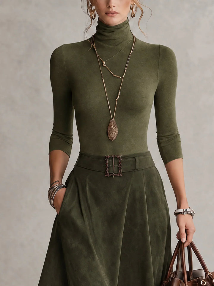 Turtleneck Top And Asymmetrical Midi Skirt Set