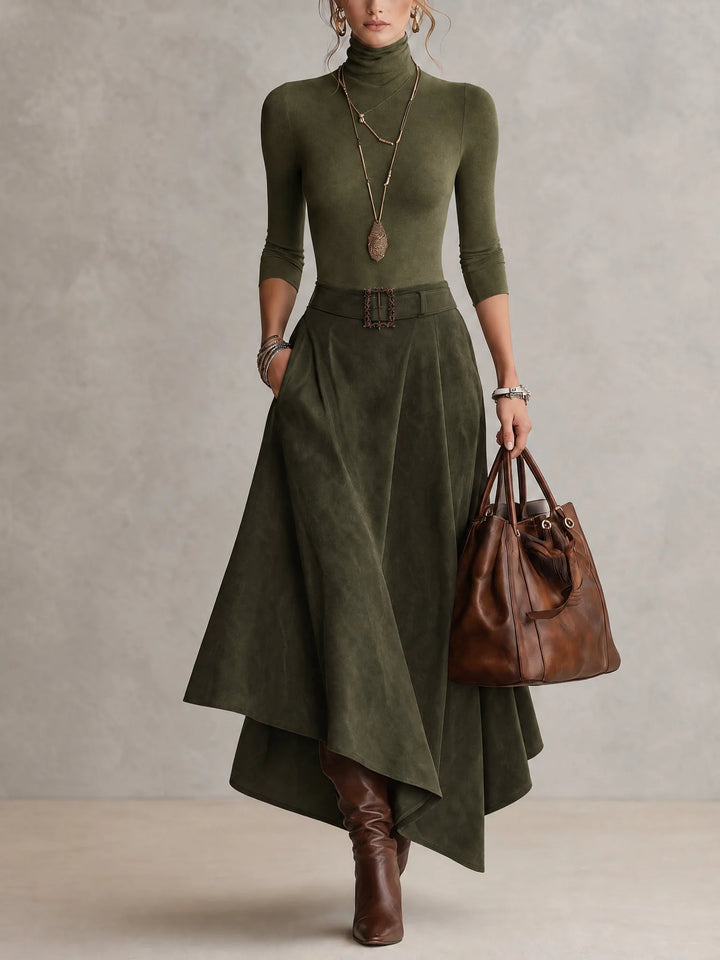 MARCELLA | OLIVE TURTLENECK &amp; ASYMMETRICAL SUEDE SKIRT SET
