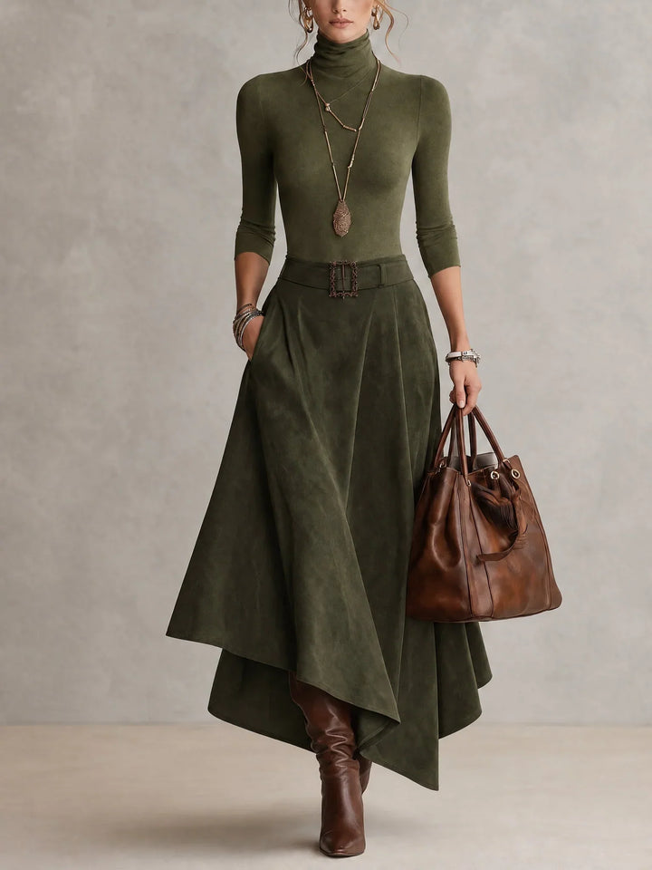 Turtleneck Top And Asymmetrical Midi Skirt Set