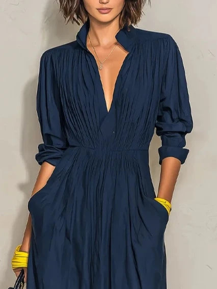 CELESTE | NAVY PLEATED V-NECK MAXI DRESS