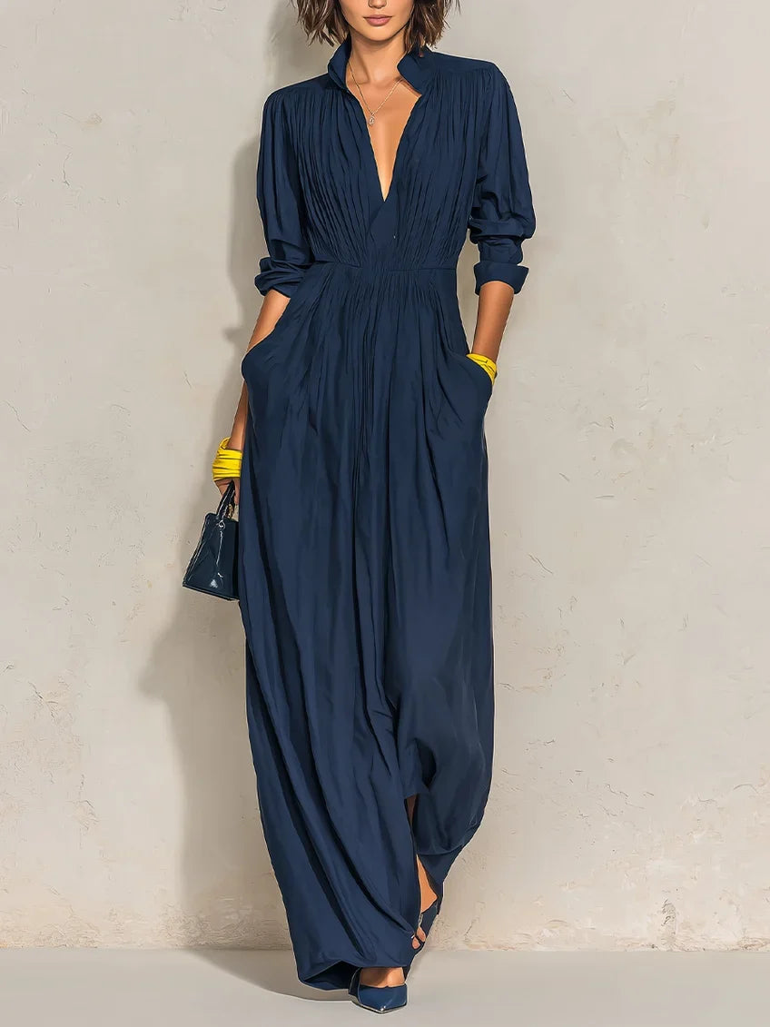 CELESTE | NAVY PLEATED V-NECK MAXI DRESS