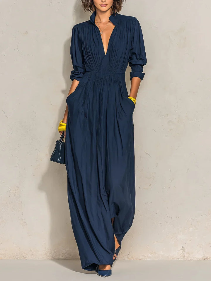 CELESTE | NAVY PLEATED V-NECK MAXI DRESS
