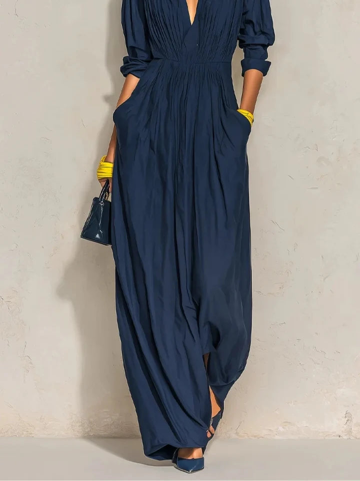 CELESTE | NAVY PLEATED V-NECK MAXI DRESS