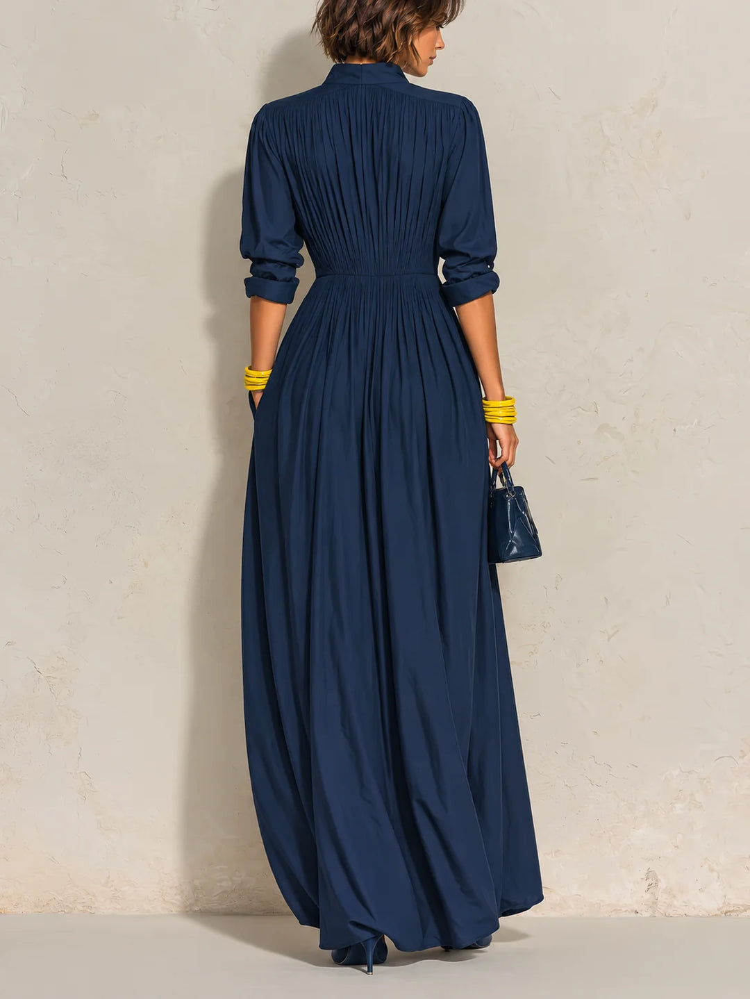 CELESTE | NAVY PLEATED V-NECK MAXI DRESS