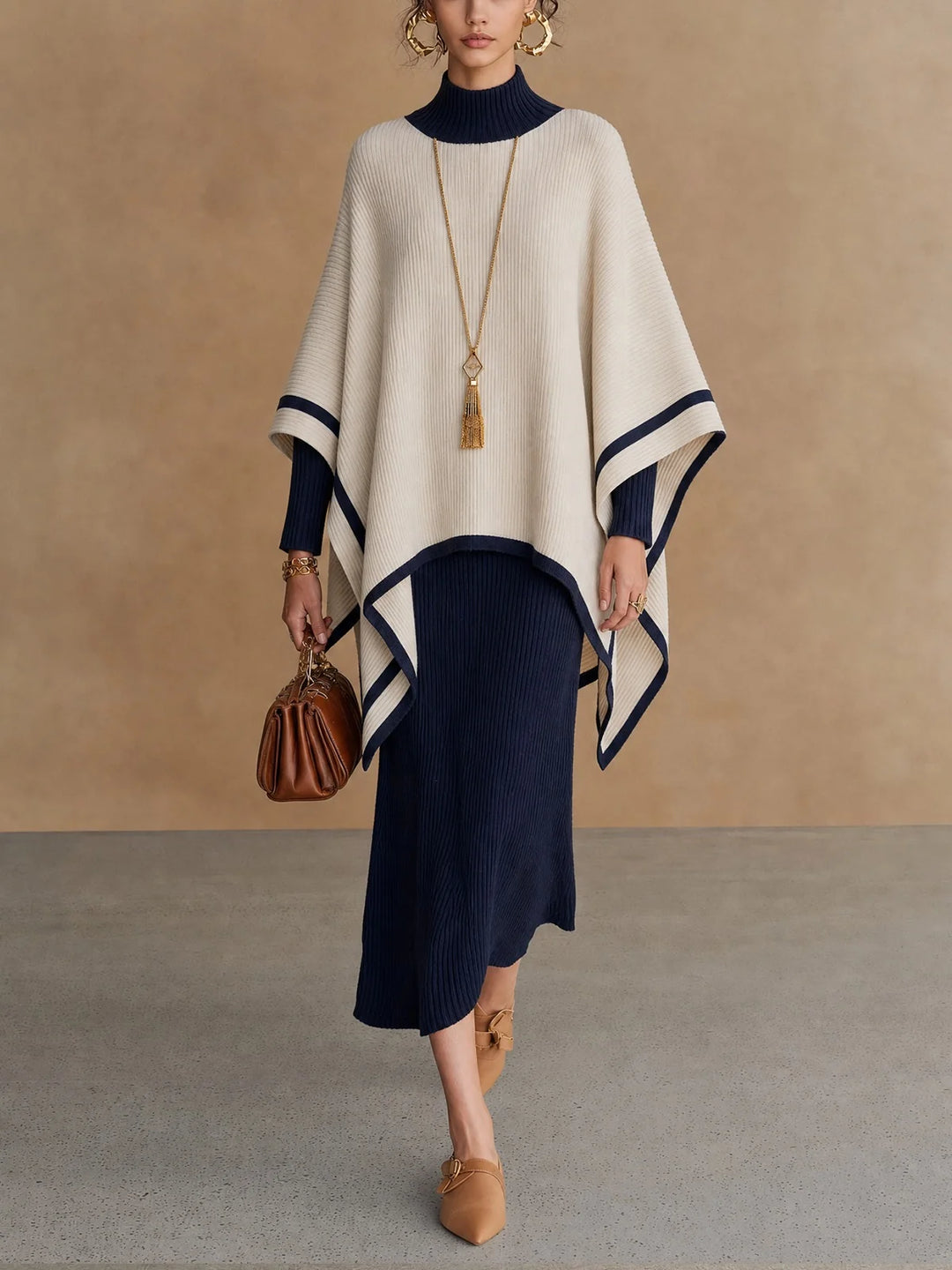 GABRIELLE | NAVY &amp; CREAM RIBBED PONCHO MIDI DRESS