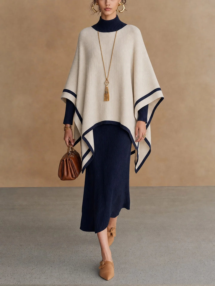 GABRIELLE | NAVY &amp; CREAM RIBBED PONCHO MIDI DRESS