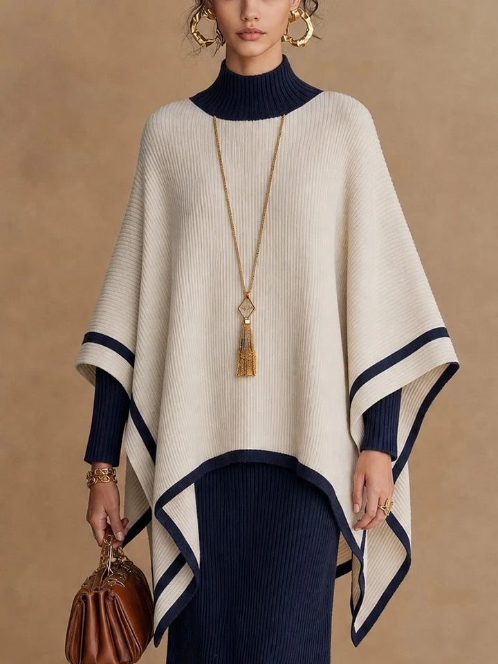 GABRIELLE | NAVY &amp; CREAM RIBBED PONCHO MIDI DRESS