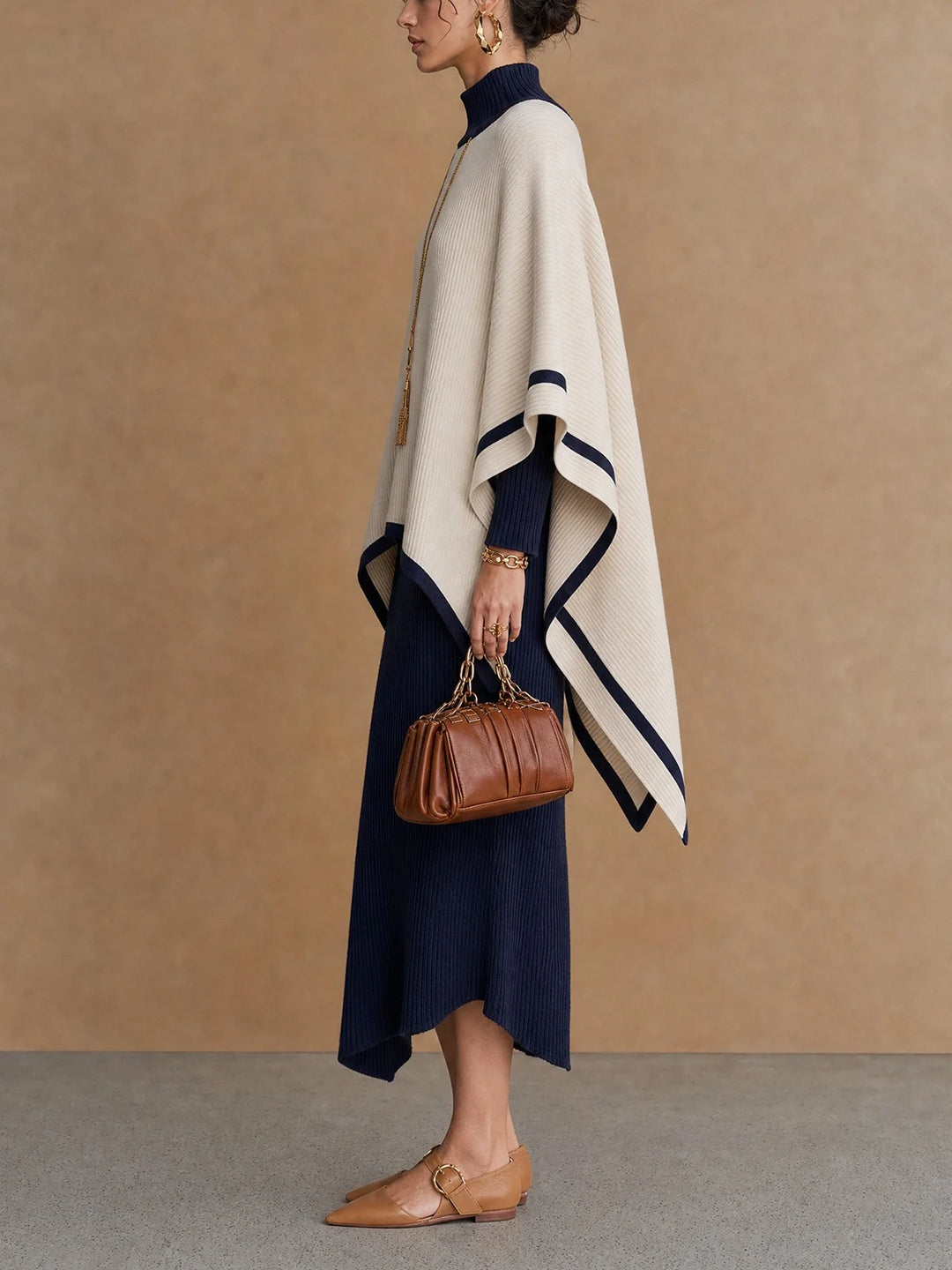 GABRIELLE | NAVY &amp; CREAM RIBBED PONCHO MIDI DRESS