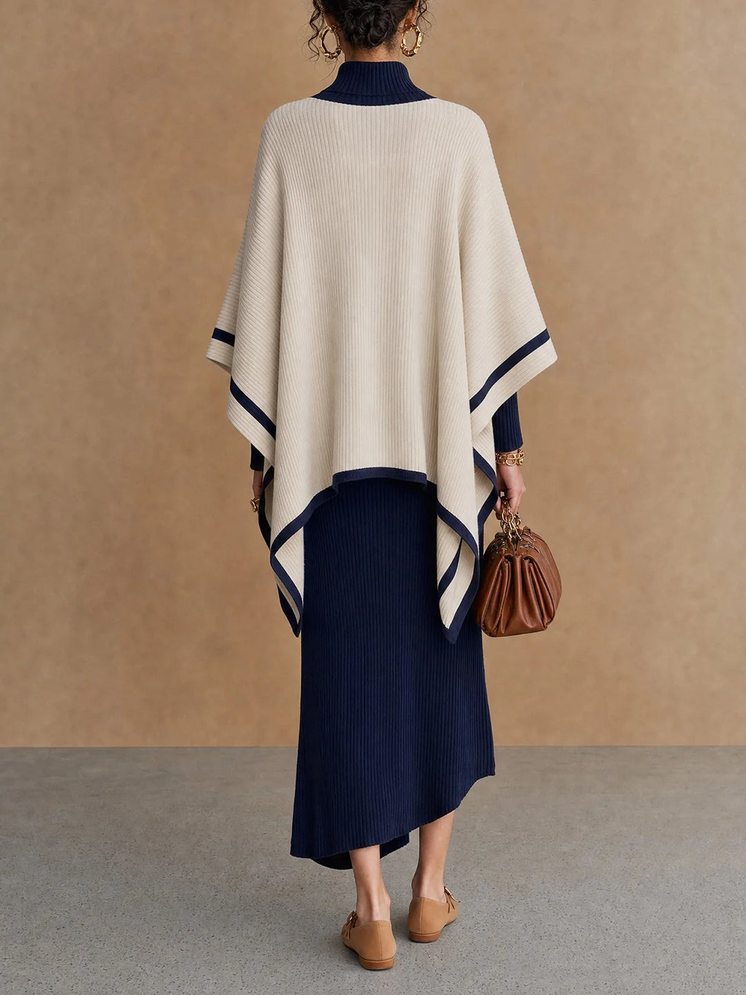 GABRIELLE | NAVY &amp; CREAM RIBBED PONCHO MIDI DRESS