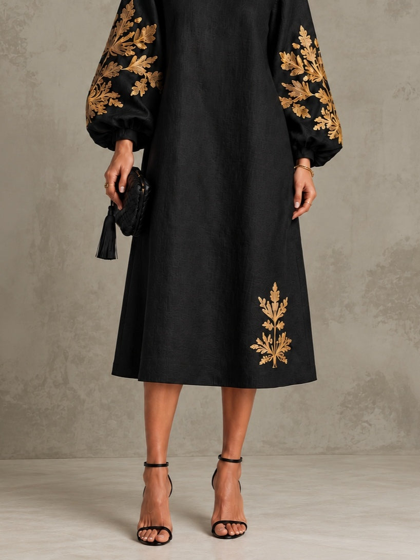 ISADORA | GOLD BOTANICAL LANTERN-SLEEVE MIDI DRESS