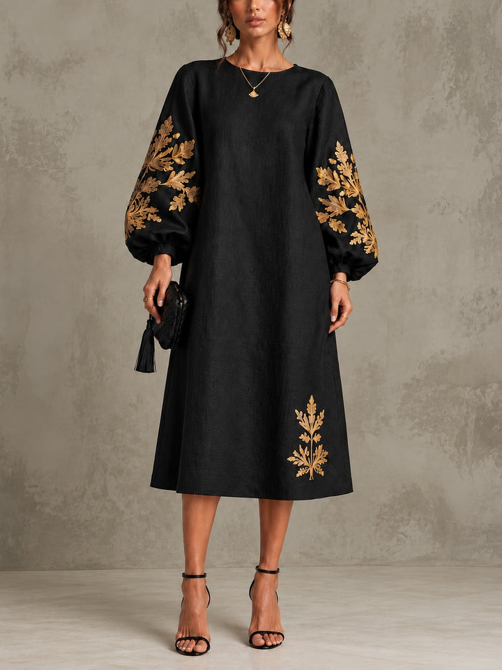 ISADORA | GOLD BOTANICAL LANTERN-SLEEVE MIDI DRESS