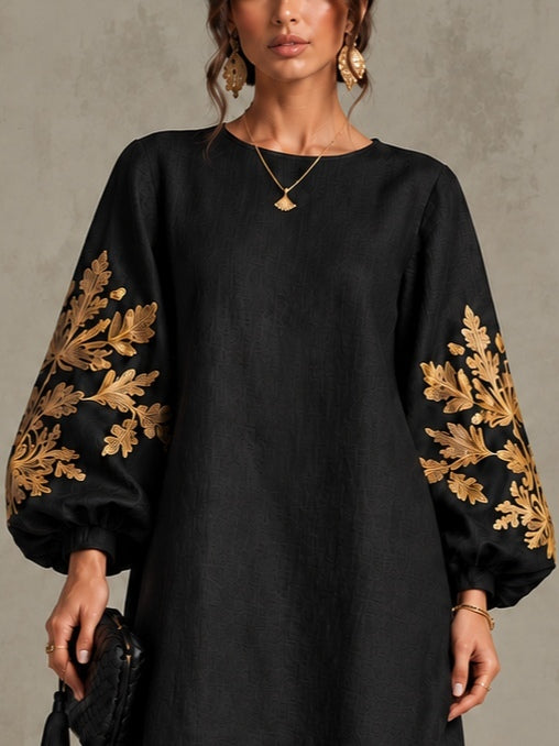 ISADORA | GOLD BOTANICAL LANTERN-SLEEVE MIDI DRESS