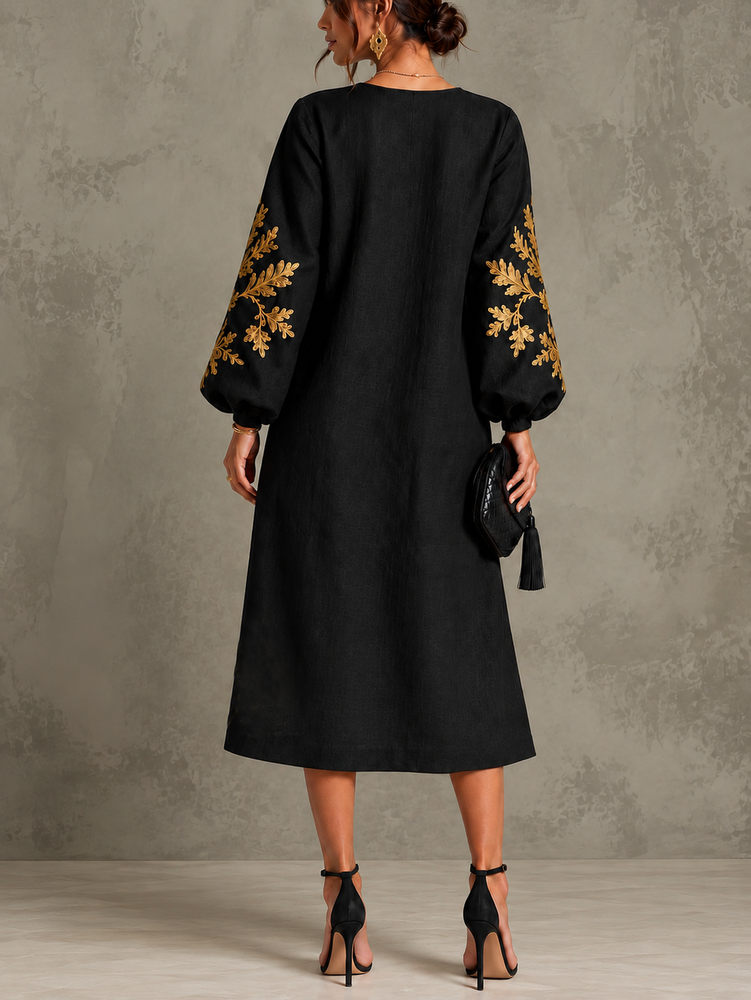ISADORA | GOLD BOTANICAL LANTERN-SLEEVE MIDI DRESS
