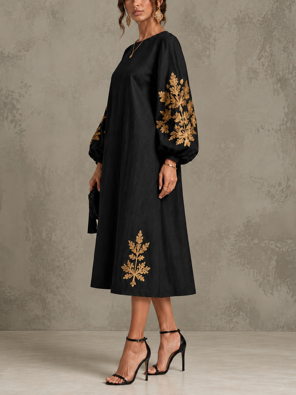 ISADORA | GOLD BOTANICAL LANTERN-SLEEVE MIDI DRESS