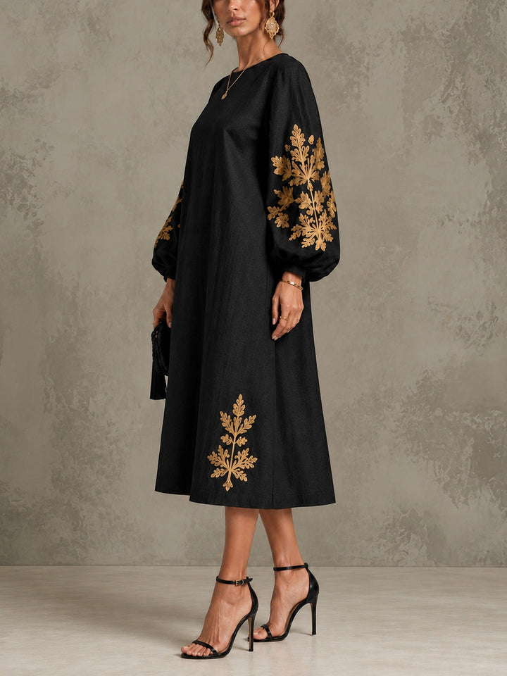 ISADORA | GOLD BOTANICAL LANTERN-SLEEVE MIDI DRESS