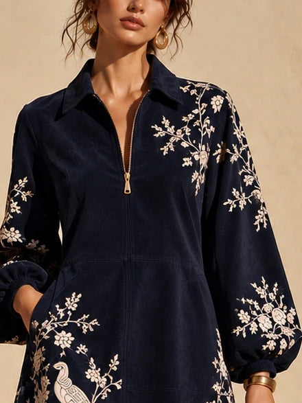 FLORENTINE | BIRD &amp; FLORAL EMBROIDERED HALF-ZIP MINI DRESS
