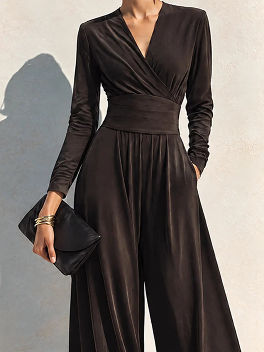 VALERIE | CHOCOLATE BROWN WRAP WIDE-LEG JUMPSUIT