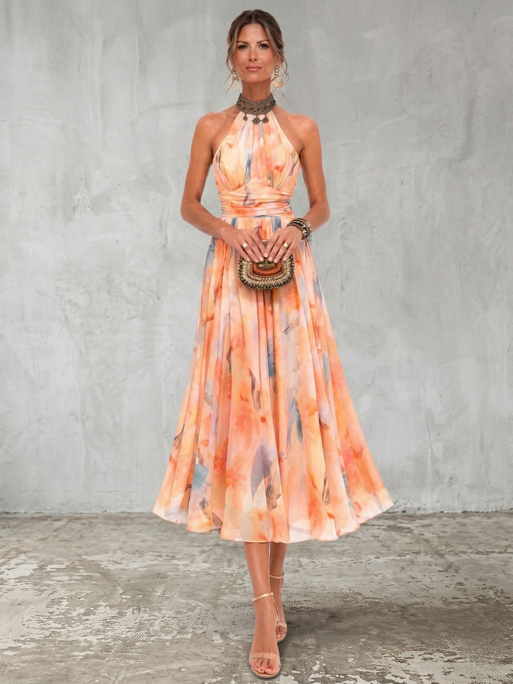 AURORA | HALTER NECK WATERCOLOR MAXI DRESS