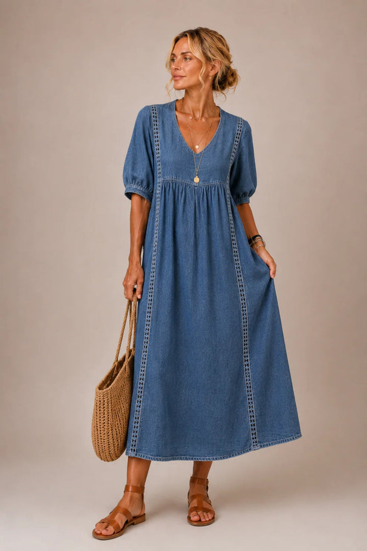 BROOKLYN | LACE-TRIMMED FLOWING V-NECK MIDI DRESS