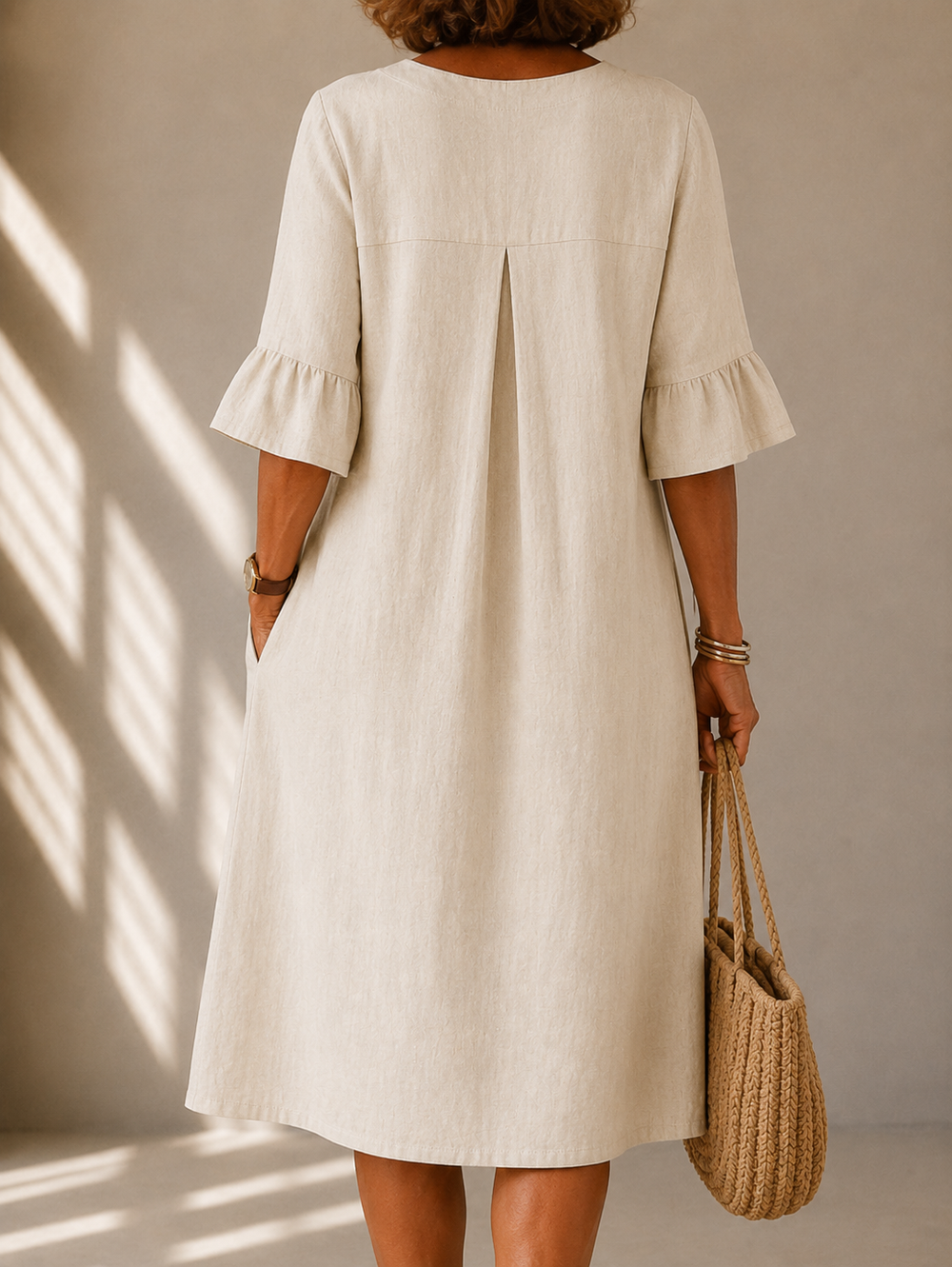 LEAH | BUTTON-FRONT RUFFLE-SLEEVE MIDI DRESS
