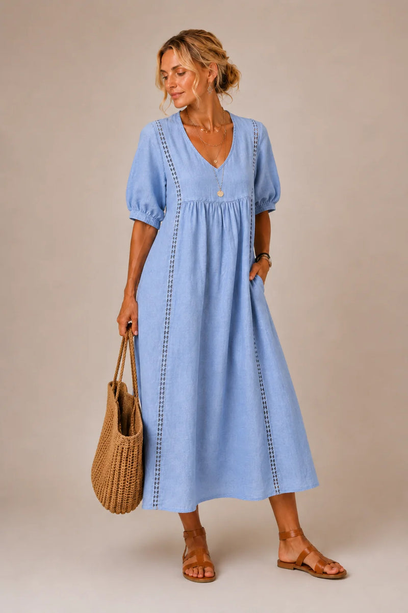 BROOKLYN | LACE-TRIMMED FLOWING V-NECK MIDI DRESS