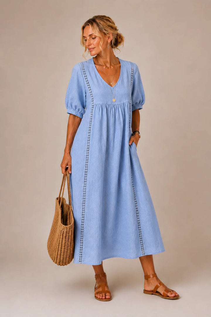 BROOKLYN | LACE-TRIMMED FLOWING V-NECK MIDI DRESS