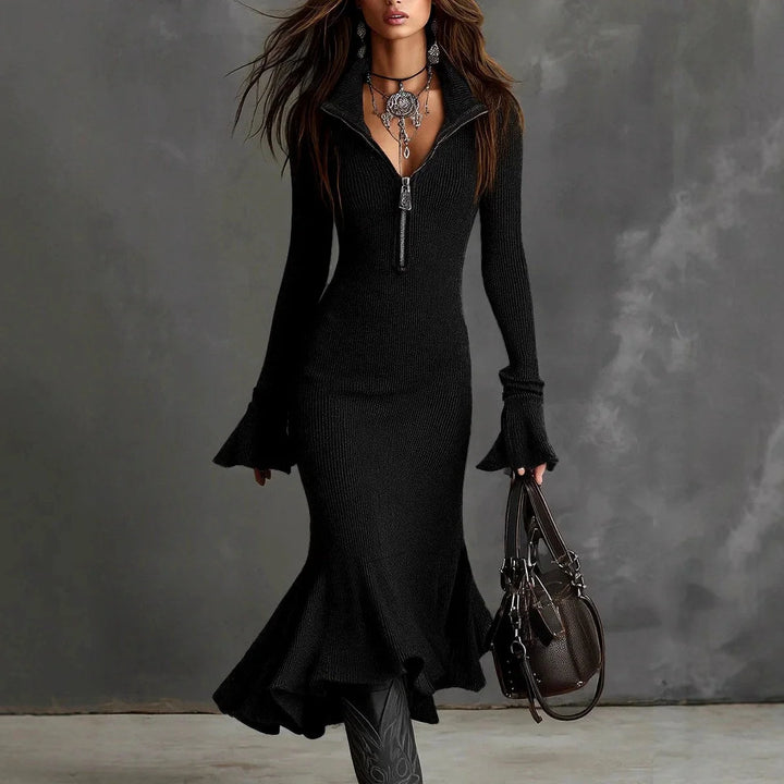 AJA | RIBBED ZIP-NECK KNIT MIDI DRESS