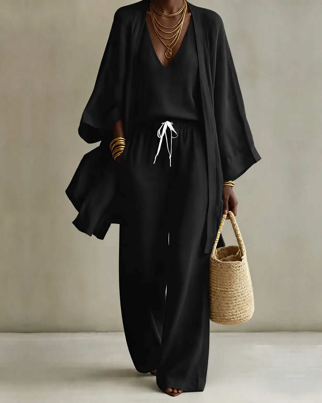 Three-Piece Linen-Look Trouser Set