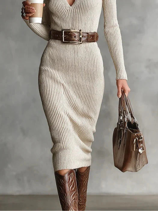 CLARA | RIBBED KNIT V-NECK DRESS WITH BELT