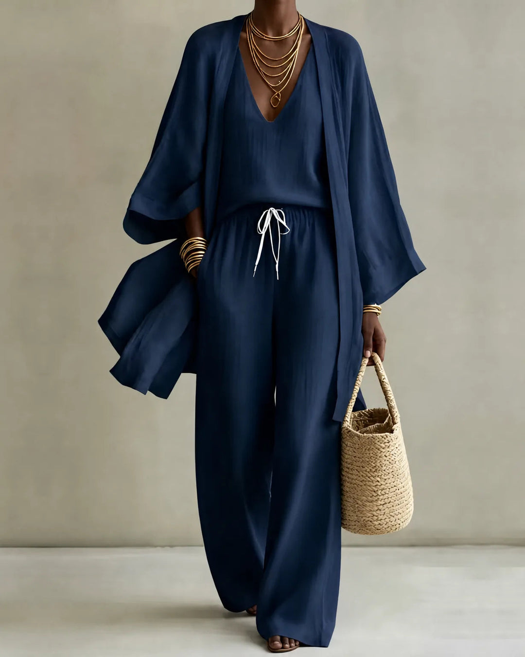 Three-Piece Linen-Look Trouser Set