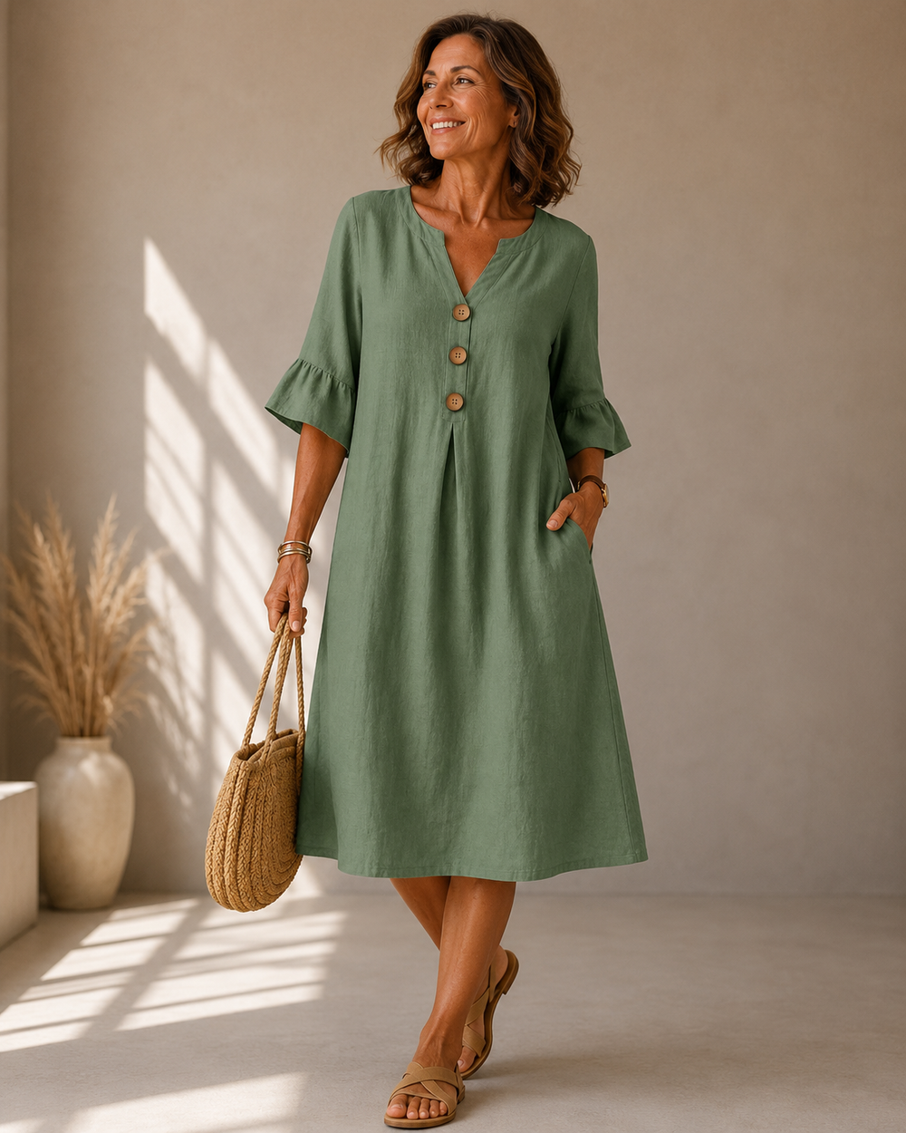 LEAH | BUTTON-FRONT RUFFLE-SLEEVE MIDI DRESS
