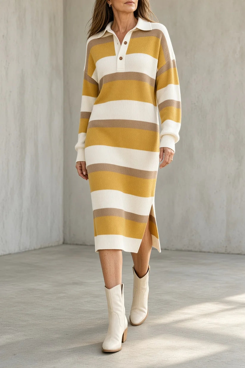 TARA | STRIPED COLLARED KNIT MIDI DRESS