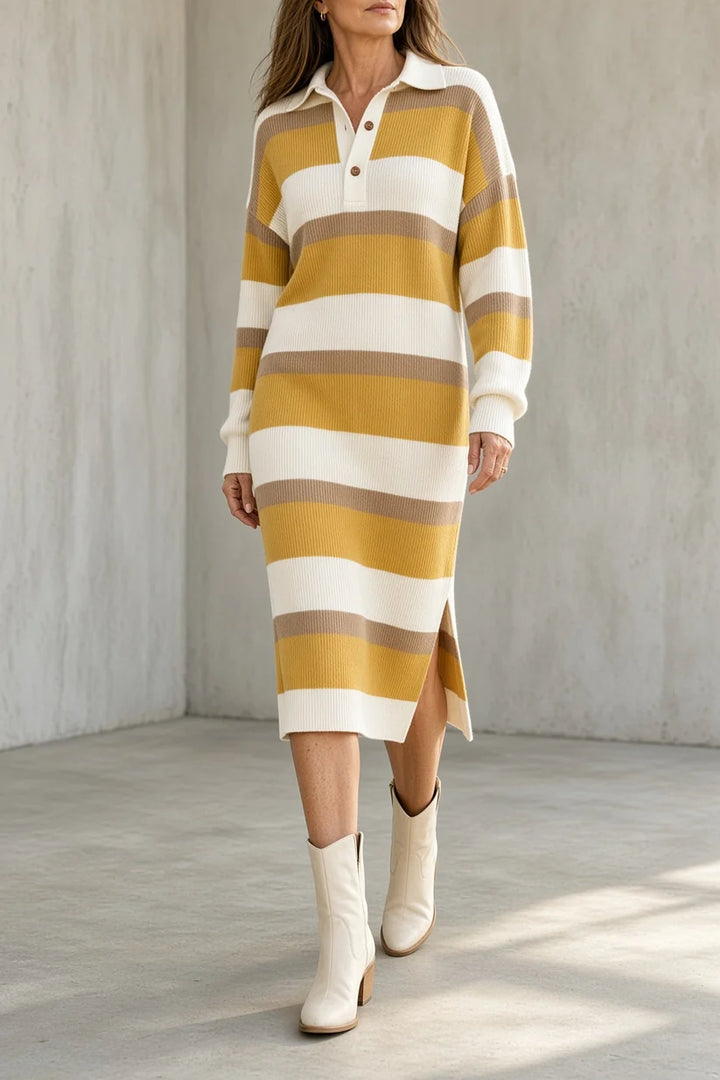 TARA | STRIPED COLLARED KNIT MIDI DRESS