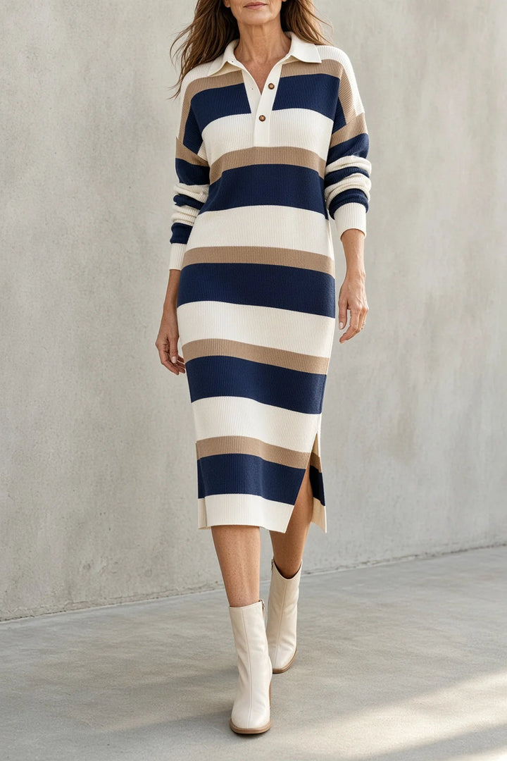 TARA | STRIPED COLLARED KNIT MIDI DRESS