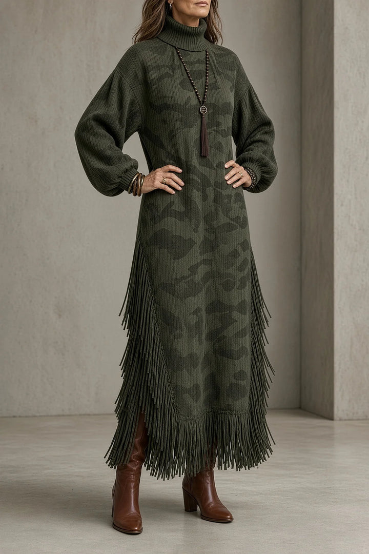 KARA | FRINGE DETAIL HIGH-NECK DRESS