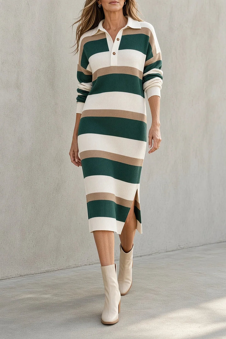 TARA | STRIPED COLLARED KNIT MIDI DRESS