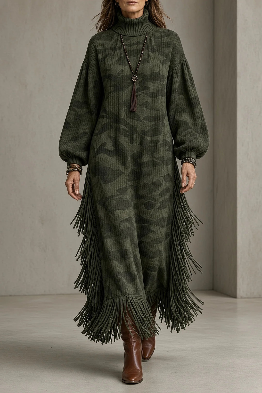 KARA | FRINGE DETAIL HIGH-NECK DRESS